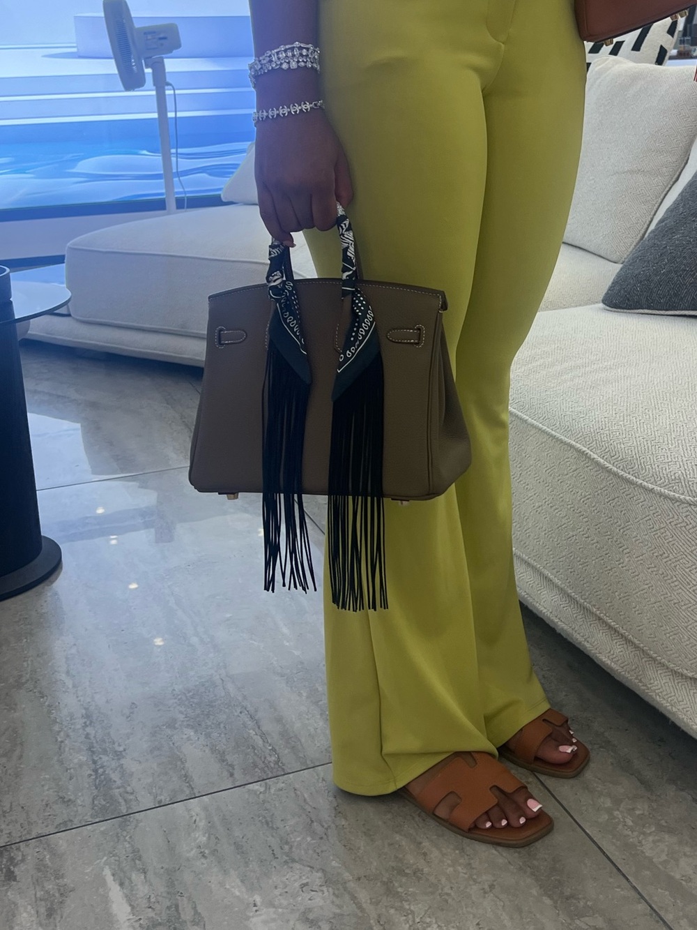 Elegant Taupe/ olive green Women’s Satchel with removable fringe ribbon. - Picture 7 of 10